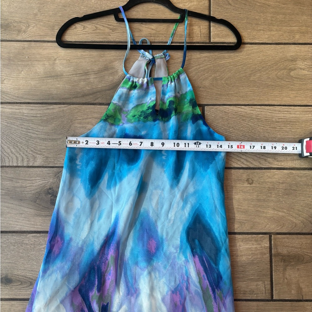 Aqua Blue Abstract Print Halter Chiffon Maxi Dress XS Boho Beach Wedding Guest - Picture 4 of 7